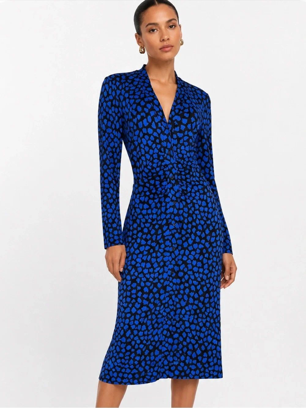 HOBBS London Blue and Black Printed Long Sleeve Midi Dress Size 6